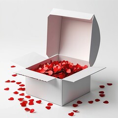 Open Box with Red Confetti Isolated on White Background