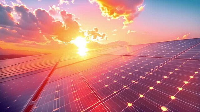 Ecology solar power station panels in the fields green energy at sunset landscape electrical innovation nature environment slow motion. Rooftop solar panels green renewable energy ariel view 4k video