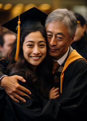 Woman graduating and being hugged by man
