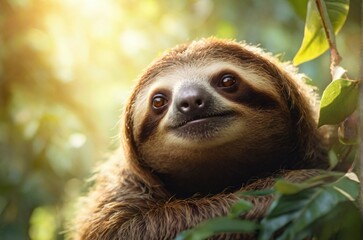 Fototapeta premium Cute sloth in the rainforest on soft sunny background. AI generated