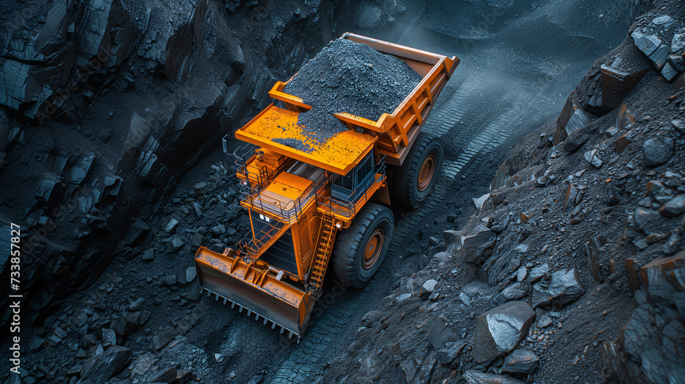 Poster massive mining dump truck transporting coal in an open-pit mine.