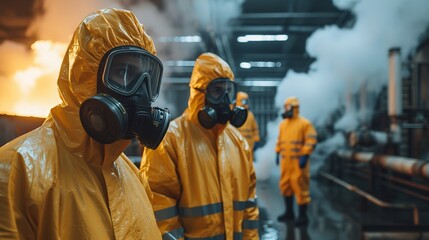 The detrimental factory workshop is being cleaned by a noxious gas leak safety crew and space, Generative AI.
