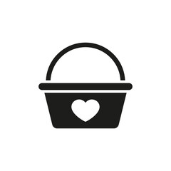 Basket icon with red heart symbol. Vector silhouette. 