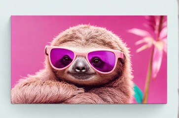 Obraz premium Cute sloth in sunglasses isolated on pink tropical background. Concept of summer, vacation, travel. AI generated