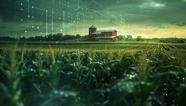 data-driven decision-making in agriculture with an image depicting farmers analyzing agronomic data and satellite imagery on digital platforms to optimize planting, fertilization, AI