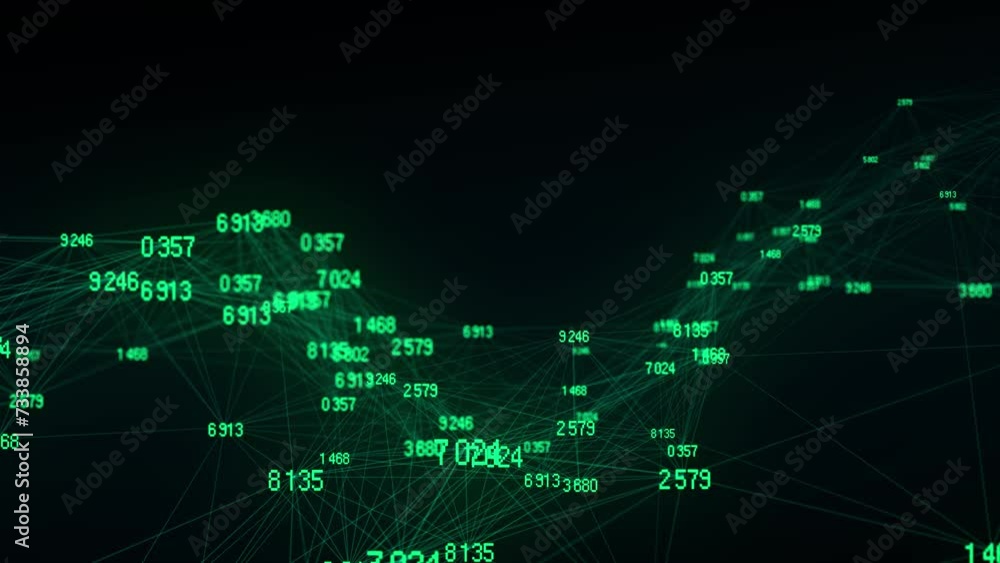 Fototapete Block chain technology concept. Big data visualization. Artificial intelligence. Green network connection structure. Abstract digital background with matrix. 3d rendering.