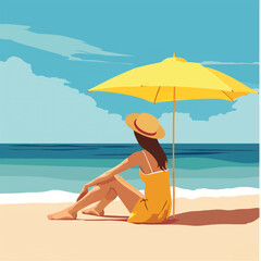 Girl sunbathing on beach character in flat style.