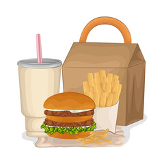 Illustration of burger with French fries and soda