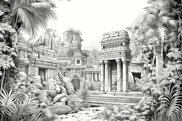 Ancient ruins surrounded by lush tropical foliage, line drawing, no background, no detail, no color.