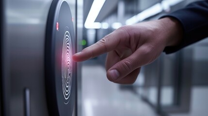 Person’s finger makes contact with fingerprint sensor to unlock the door. Biometric modern fingerprint technology