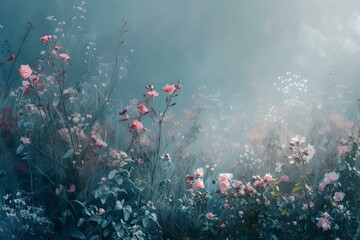 Mystical garden in moonlight, ethereal florals and mist. a tranquil, dreamy botanical scene. perfect for backgrounds and wall art. AI
