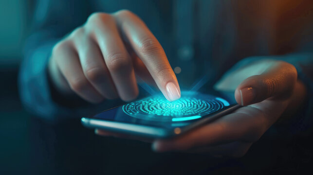 Person’s finger makes contact with a cell phone screen unlocking a smartphone with the touch of fingerprint. Biometric modern fingerprint technology