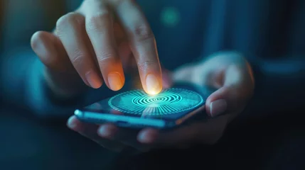 Deurstickers Person’s finger makes contact with a cell phone screen unlocking a smartphone with the touch of fingerprint. Biometric modern fingerprint technology © eireenz