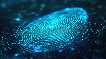 Fingerprint on a blue microchip. Cybersecurity concept, user privacy security and encryption. Future technology, data protection, secure internet access