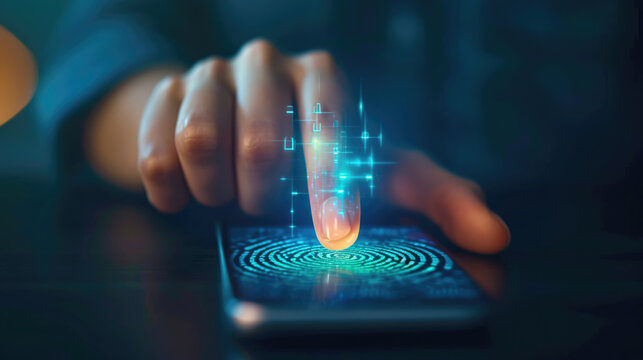 Person’s finger makes contact with a cell phone screen unlocking a smartphone with the touch of fingerprint. Biometric modern fingerprint technology