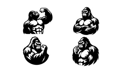 angry gorilla mascot logo icons in silhouettes style , black and white angry gorilla mascot logo icons
