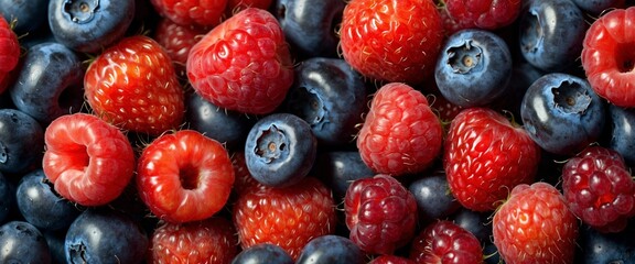 Blueberries, raspberries and strawberries summer background. Organic fresh sweet berries. Assorted...