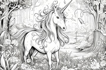 A mystical unicorn in a magical forest, line drawing, no background, no detail, no color.