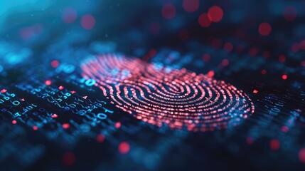 Fingerprint on a blue microchip. Cybersecurity concept, user privacy security and encryption. Future technology, data protection, secure internet access - obrazy, fototapety, plakaty