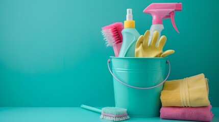 Spotless spring cleaning essentials on a bright teal background. perfect cleaning tools arrangement. fresh and clean home concept. AI