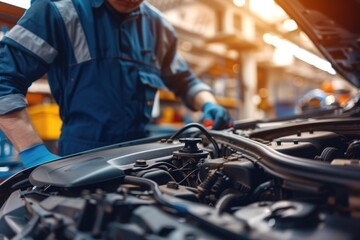 Auto mechanic working on car broken engine in mechanics service or garage