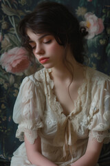 Fototapeta premium melancholic fashion portrait of a young woman in a vintage dress against a wall with floral wallpaper