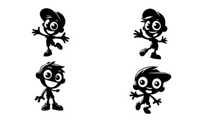 Playful Cartoon Kid Characters in Various Poses Silhouettes