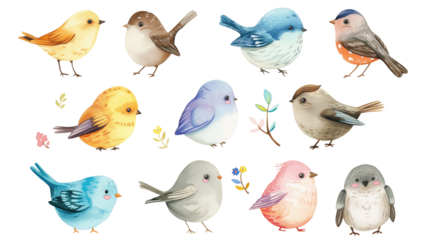 Set of cute watercolor cartoon birds on a transparent background. Clipart PNG.