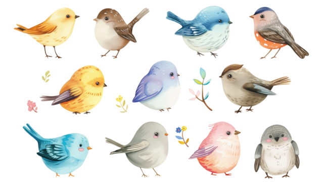 Set of cute watercolor cartoon birds on a transparent background. Clipart PNG.