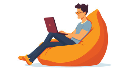 Man sitting with laptop on bean bag chair flat.