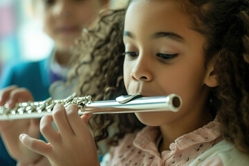 Flute Lessons: In a bright classroom, a student learns embouchure and fingerings, creating...