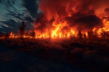 Forest fire devastating and razing a forest. Environmental concept image