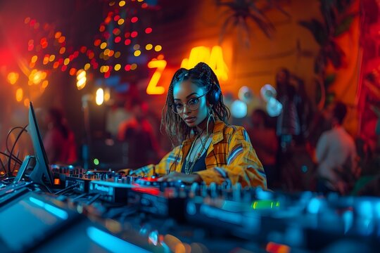 Young black girl djing music in a party room at night