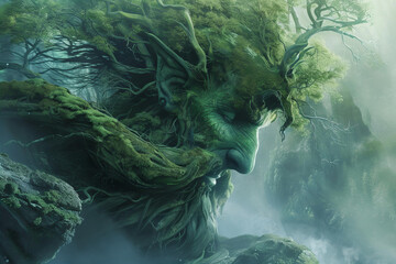 a bearded old man made of wood and foliage. fantasy illustrations - spirit of the forest, druid, goblin - obrazy, fototapety, plakaty