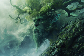 a bearded old man made of wood and foliage. fantasy illustrations - spirit of the forest, druid, goblin - obrazy, fototapety, plakaty