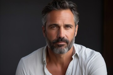 Portrait of a handsome mature man with grey hair and beard. Men's beauty, fashion.