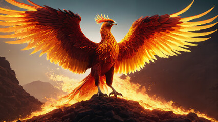 phoenix bird with orange wings standing on a rock in front of a mountain