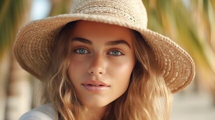 A girl in a straw hat on the beach