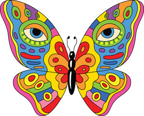 Hippie style psychedelic butterfly with eyes on its wings vector illustration isolated on white background
