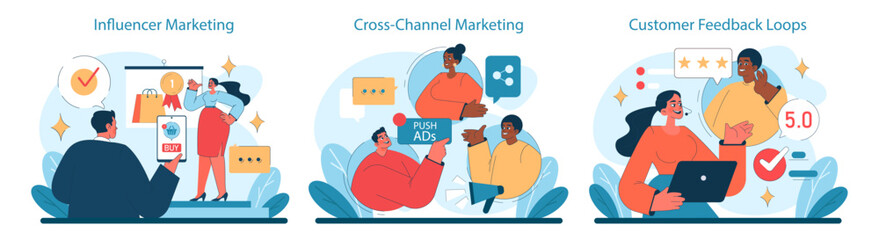 Marketing 5.0 set. Exploring influencer impact, unified cross-channel presence, and the power of customer feedback. Vector illustration.