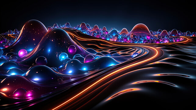 Abstract neon landscape, in which color lines create the impression of galactic trac