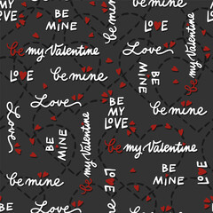 hand drawn calligraphic love quotes with messy heart shapes romantic lovely vector seamless pattern isolated on dark background - 733862226