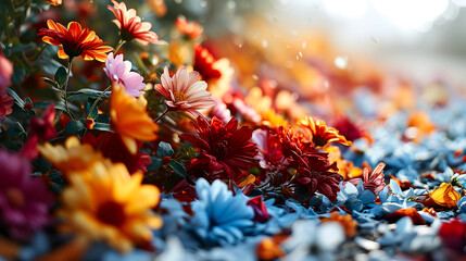 Beautiful background blue and red flowers, nature petals, toning design spring nature, sun plants sunny day