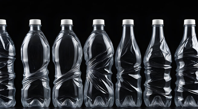 Photo images of PET bottles, reusable and recyclable plastic bottles. Generative AI.