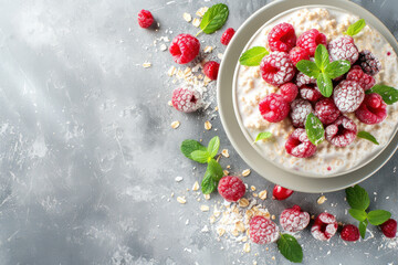 Fresh Vegan Overnight Oats With Raspberries and Mint Leaves