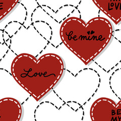hand drawn calligraphic love quotes with messy stitched heart shapes romantic lovely vector seamless pattern isolated on white background