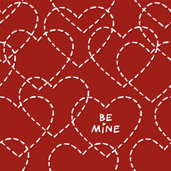 hand drawn messy stitched heart shapes with hand written typographic love quote romantic lovely monochrome vector seamless pattern isolated on red background - 733862613