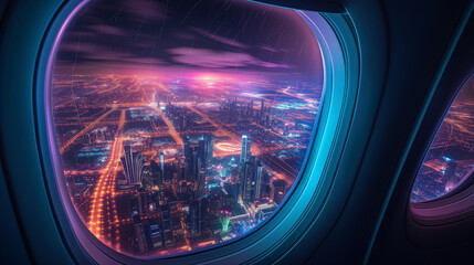飛行機の窓から見える未来都市　ネオン