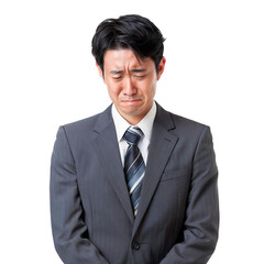 Japanese businessman looking distressed and crying, transparent, isolated on white background