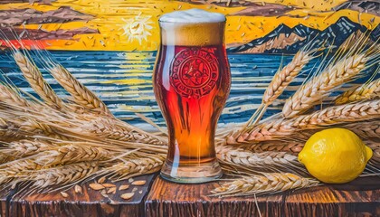 Picture of a ornamented beer glass and a wheat ornament around the edges for a summer environment, blue sea, sunset